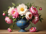 Fine Oleograph on Canvas Still Life of Peonies in a Blue Wedgewood Urn