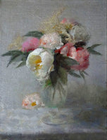 Delightful Oleograph on Canvas Still Life of Pink & White Peonies in a Glass Vase