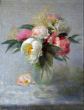 Delightful Oleograph on Canvas Still Life of Pink & White Peonies in a Glass Vase
