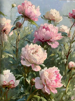 Exquisite Oleograph on Canvas Still Life of Pink & White Peonies