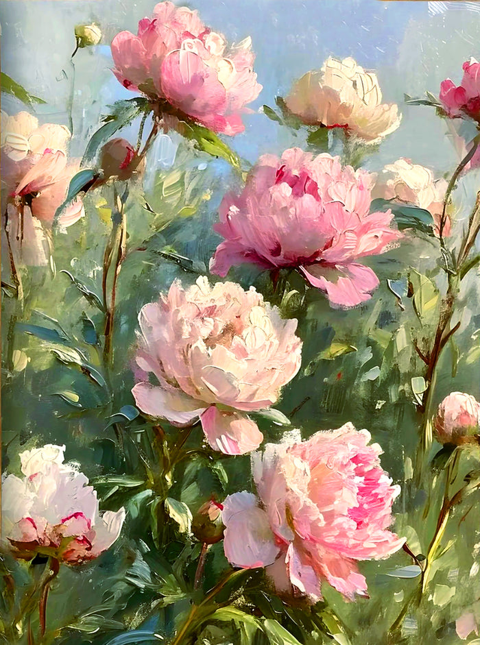 Exquisite Oleograph on Canvas Still Life of Pink & White Peonies
