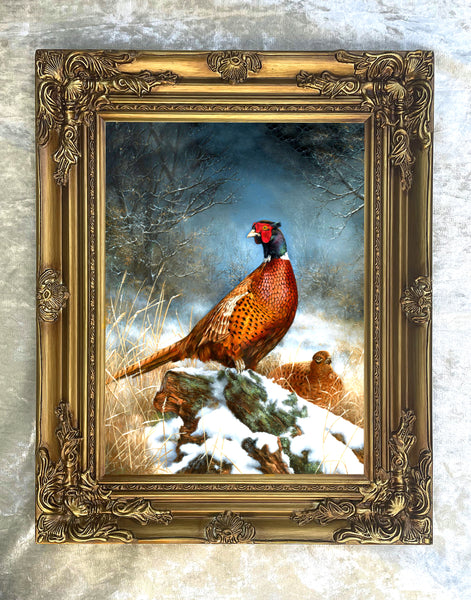 "Pheasant on a Tree Stump in Winter" - Fine Oleograph on Canvas after Thorburn
