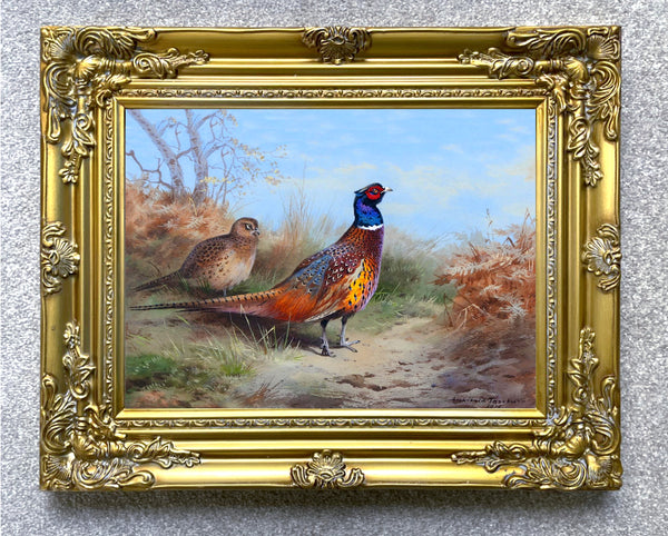 Fine Lithograph on Canvas - Cock Pheasant & Hen in Woodland