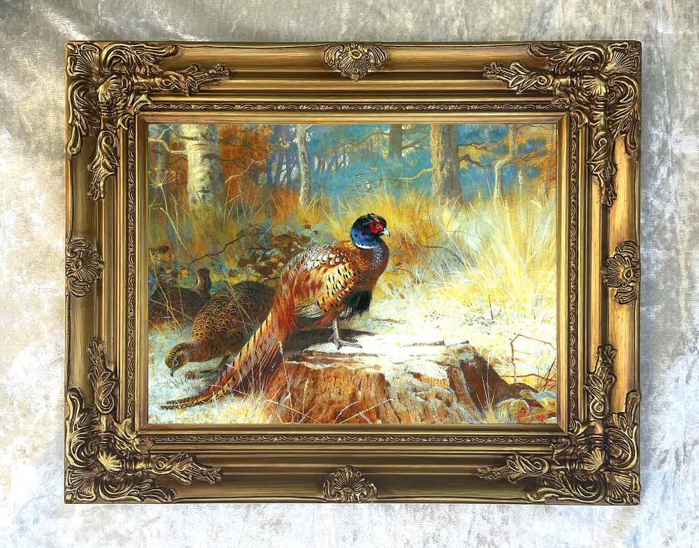 Fine Oleograph on Canvas depicting a Cock Pheasant on a Tree Stump