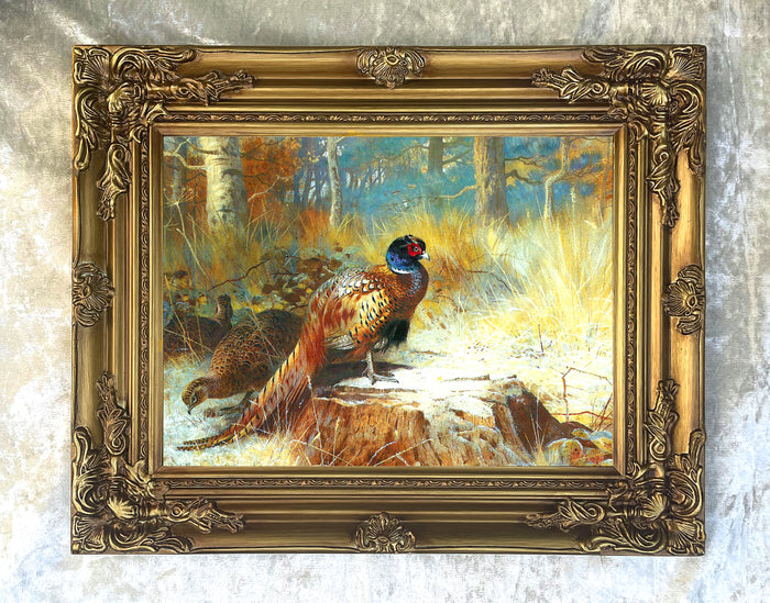 Fine Oleograph on Canvas depicting a Cock Pheasant on a Tree Stump