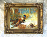 Fine Oleograph on Canvas depicting a Cock Pheasant on a Tree Stump