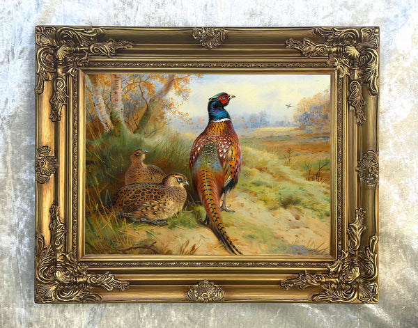 Cock  & Hen Pheasant in a Copse  - Fine Oleograph on Canvas after Thorburn