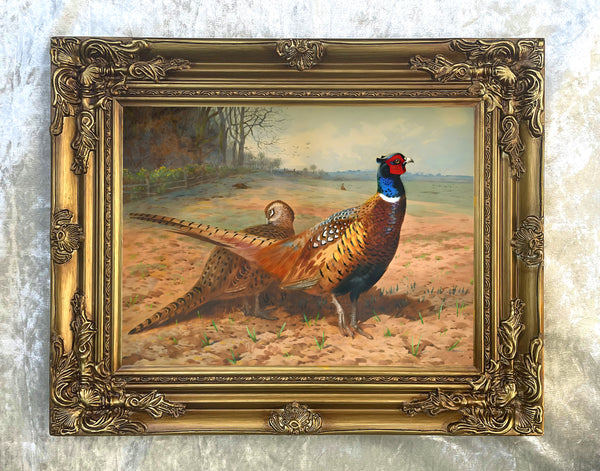 Fine Lithograph on Canvas - Cock and Hen Pheasants in a Landscape