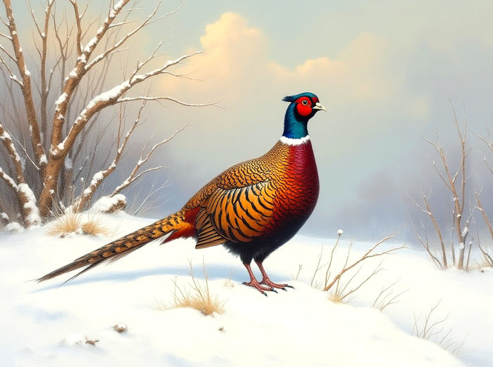 Fine Lithograph on Canvas - A Cock Pheasant in a Winter Woodland Landscape