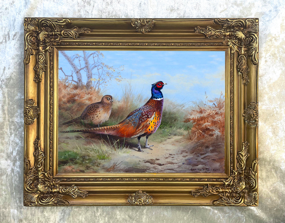 Fine Lithograph on Canvas - Cock Pheasant & Hen in Woodland