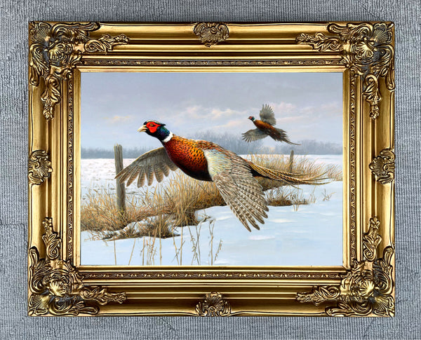 Pheasants in a Wintry Rural Landscape - Fine Lithograph on Canvas after Thorburn