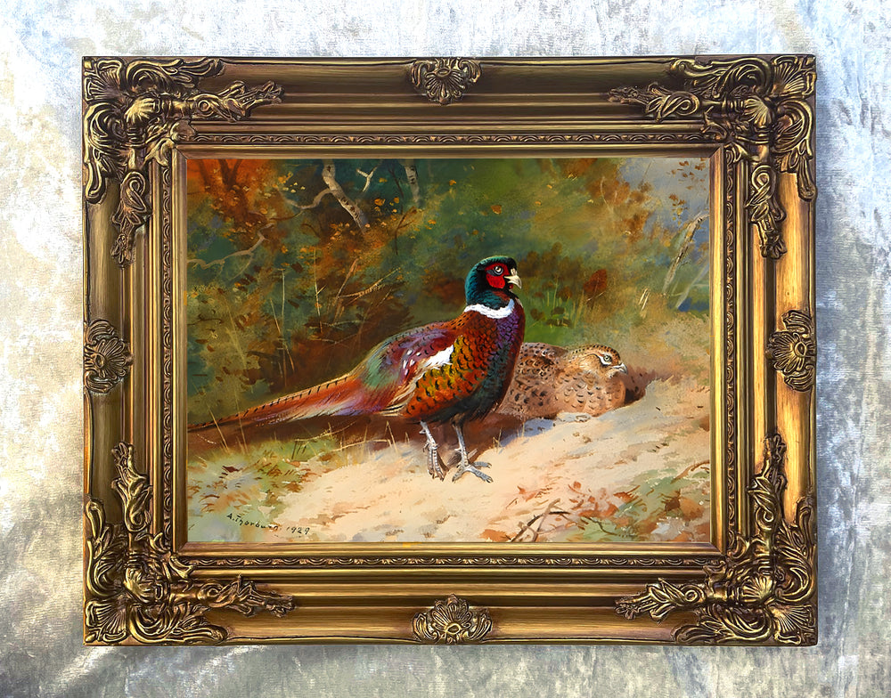 Fine Lithograph on Canvas - A Cock and Hen Pheasant in Autumn