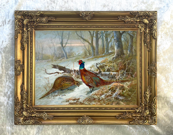 Pheasants in a Snowy Woodland Landscape - Fine Lithograph on Canvas after Thorburn