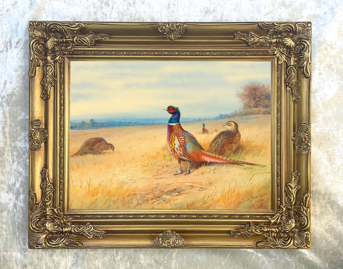 Fine Lithograph on Canvas - Cock and Hen Pheasants in a Corn Field