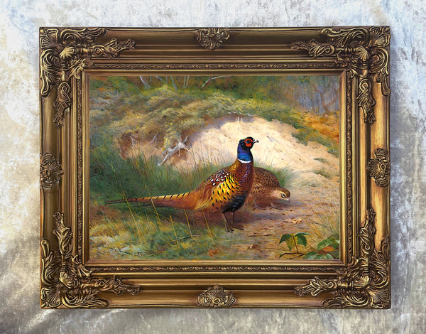 Cock & Hen Pheasants in a Woodland Landscape - Fine Lithograph on Canvas after Thorburn