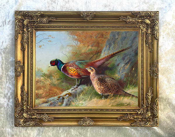 Fine Lithograph on Canvas - A Cock & Hen Pheasant by an Oak Tree
