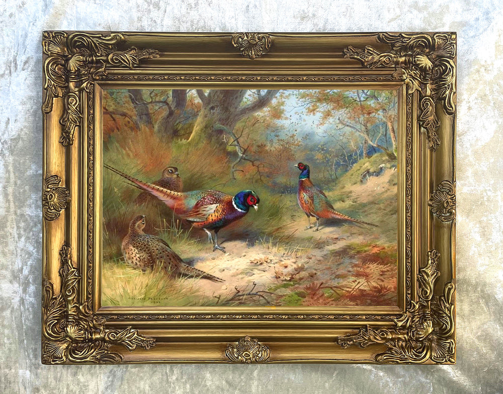Fine Oleograph on Canvas - Pheasants & Hens in a Woodland Landscape