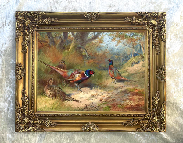 Fine Oleograph on Canvas - Pheasants & Hens in a Woodland Landscape
