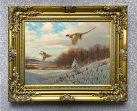 Pheasants in Flight - Fine Lithograph on Canvas in a Rococo Gesso Frame