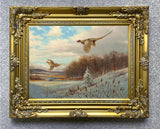 Pheasants in Flight - Fine Lithograph on Canvas in a Rococo Gesso Frame