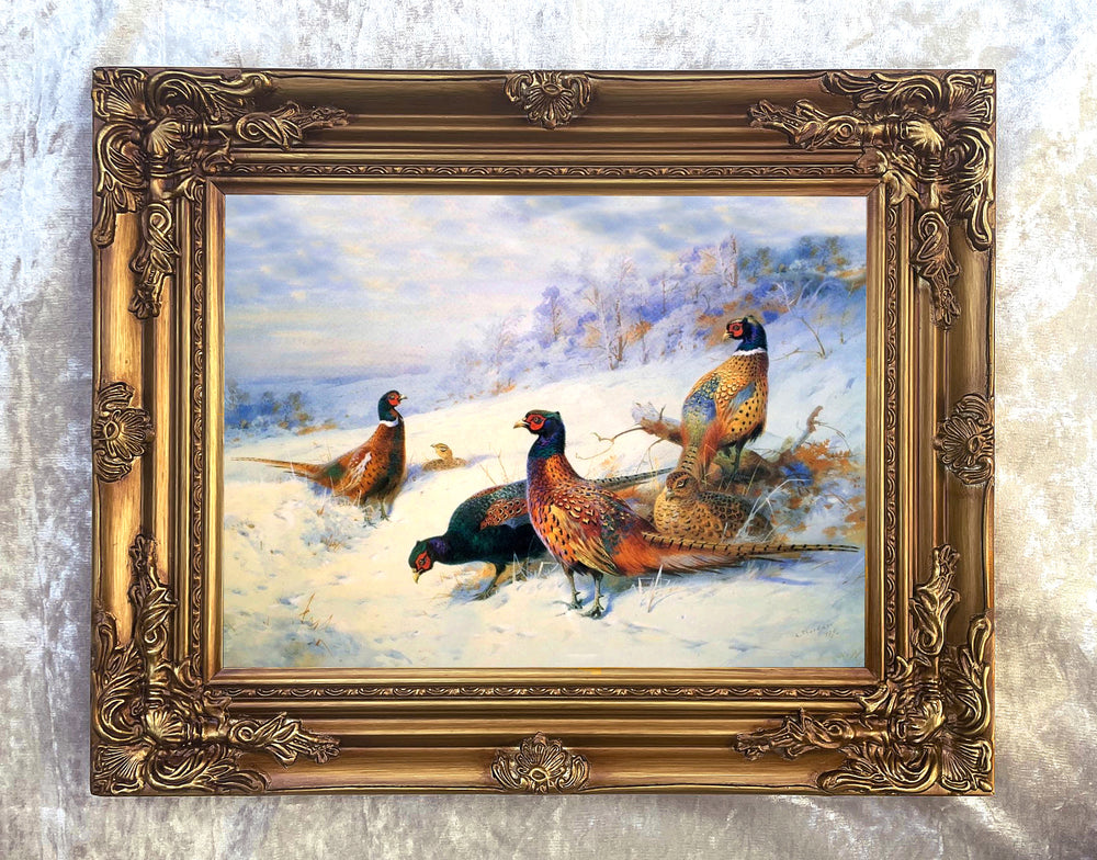 Excellent Lithograph on Canvas in a Gilt Rococo Frame - Pheasants in the Snow