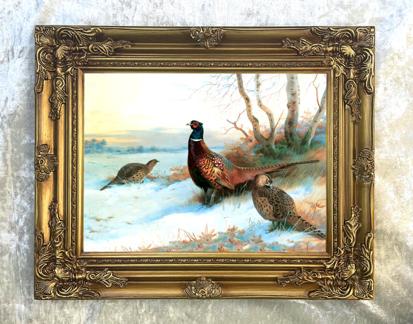 A Fine Lithograph on Stretched Canvas in an Ornate Hand Finished Rococo Frame, depicting a Cock Pheasant with Hens