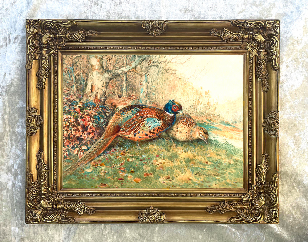 Cock & Hen Pheasants in a Woodland Landscape - Fine Lithograph on Canvas after Woodhouse