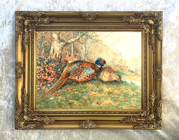 Cock & Hen Pheasants in a Woodland Landscape - Fine Lithograph on Canvas after Woodhouse