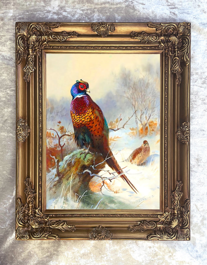 Cock & Hen Pheasant in a Wintry Wood - Fine Lithograph on Canvas after Thorburn