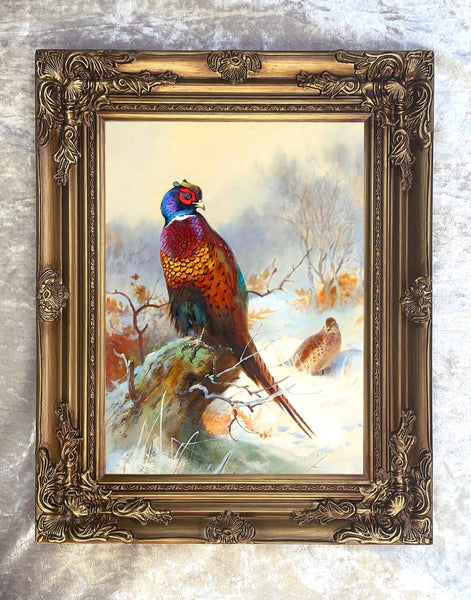 Cock & Hen Pheasant in a Wintry Wood - Fine Lithograph on Canvas after Thorburn
