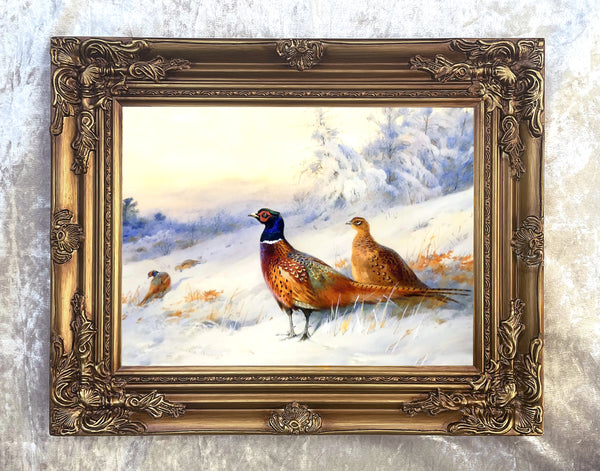 Pheasants in a Winters Woodland Landscape - Fine Lithograph on Canvas after Thorburn