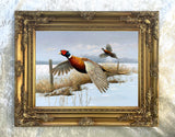 Pheasants in a Wintry Rural Landscape - Fine Lithograph on Canvas after Thorburn