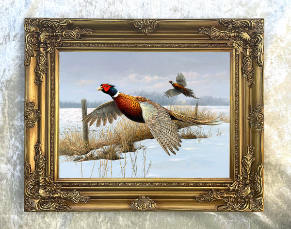 Pheasants in a Wintry Rural Landscape - Fine Lithograph on Canvas after Thorburn