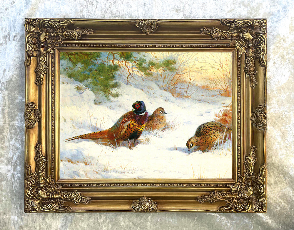 Pheasants in a Snowy Woodland Landscape - Fine Lithograph on Canvas after Thorburn