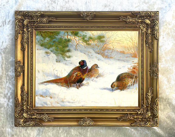 Pheasants in a Snowy Woodland Landscape - Fine Lithograph on Canvas after Thorburn