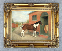 Oleograph on Canvas of a Piebald Horse by a Stable