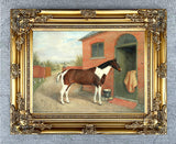 Oleograph on Canvas of a Piebald Horse by a Stable