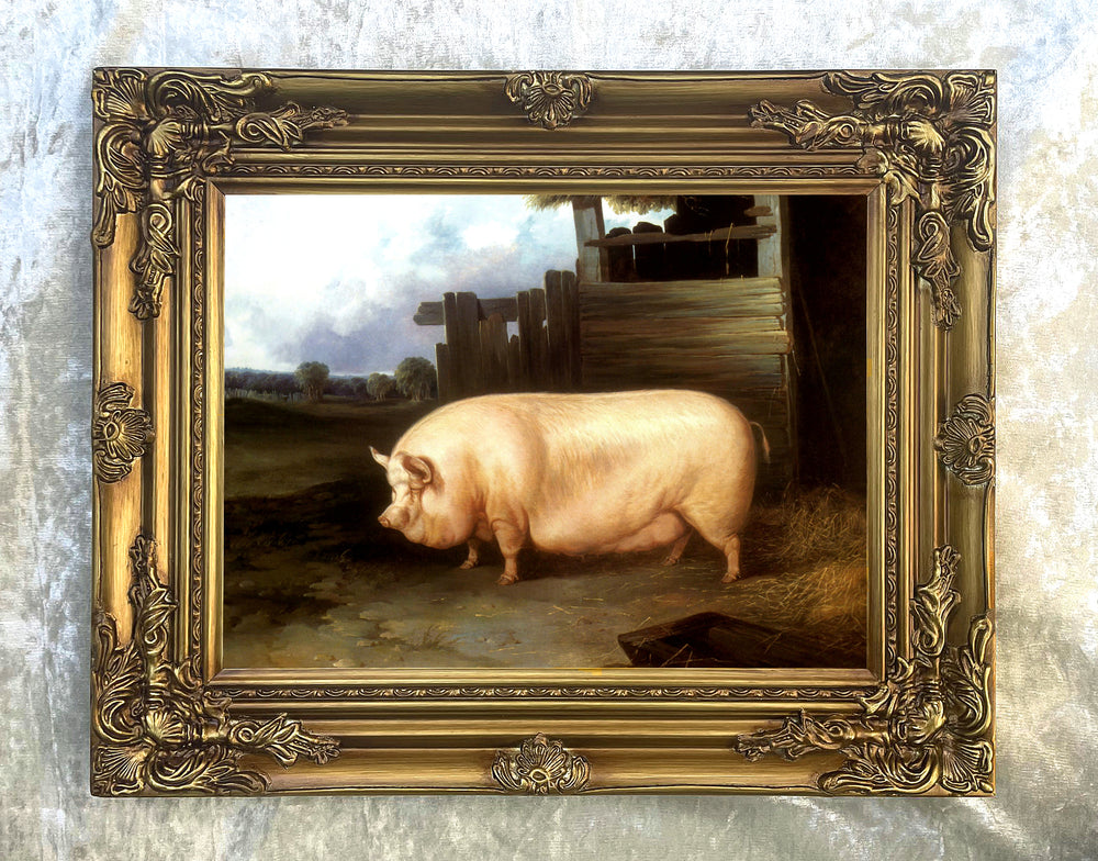 Fine Oleograph on Canvas of a Prize Pig in a Yard