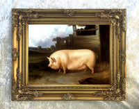 Fine Oleograph on Canvas of a Prize Pig in a Yard