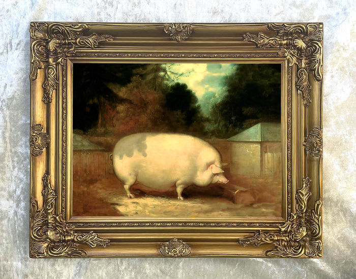 Oleograph on Canvas of a Prize Pig in a Yard