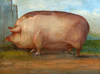 Fine Oleograph on Canvas Portrait of a Prize Pig in a Stable Yard