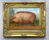 Fine Oleograph on Canvas Portrait of a Prize Pig in a Stable Yard