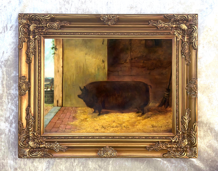 Fine Oleograph on Canvas Portrait of a Prize Pig in Stable