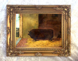 Fine Oleograph on Canvas Portrait of a Prize Pig in Stable