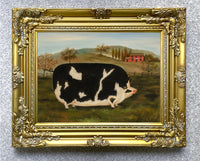 Fine Oleograph on Canvas - Naive Portrait of a Prize Pig in a Stable Yard