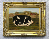 Fine Oleograph on Canvas - Naive Portrait of a Prize Pig in a Stable Yard