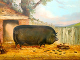 Fine Oleograph on Canvas Portrait of a Prize Pig outside a Stable