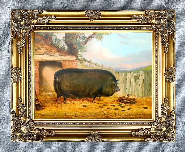 Fine Oleograph on Canvas Portrait of a Prize Pig outside a Stable