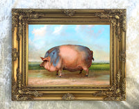 Fine Oleograph on Canvas Portrait of a Prize Pig in a Yard