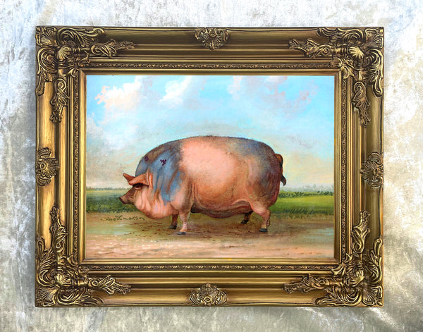 Fine Oleograph on Canvas Portrait of a Prize Pig in a Yard